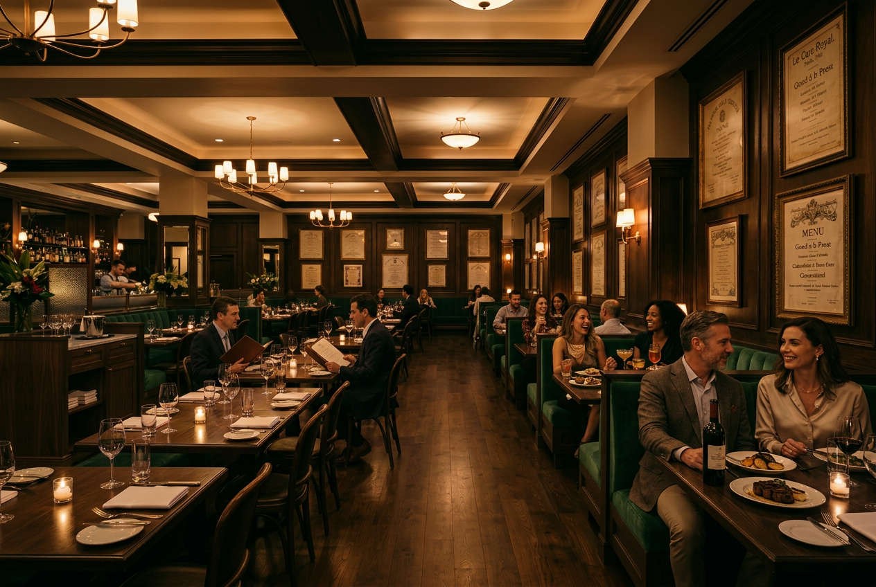 Menu Gallery dining room — framed vintage menus on the walls, green banquettes, warm candlelight