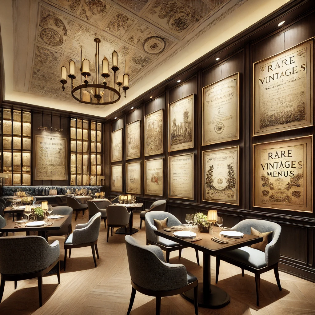 The Menu Gallery dining room — framed vintage menus on dark wood walls