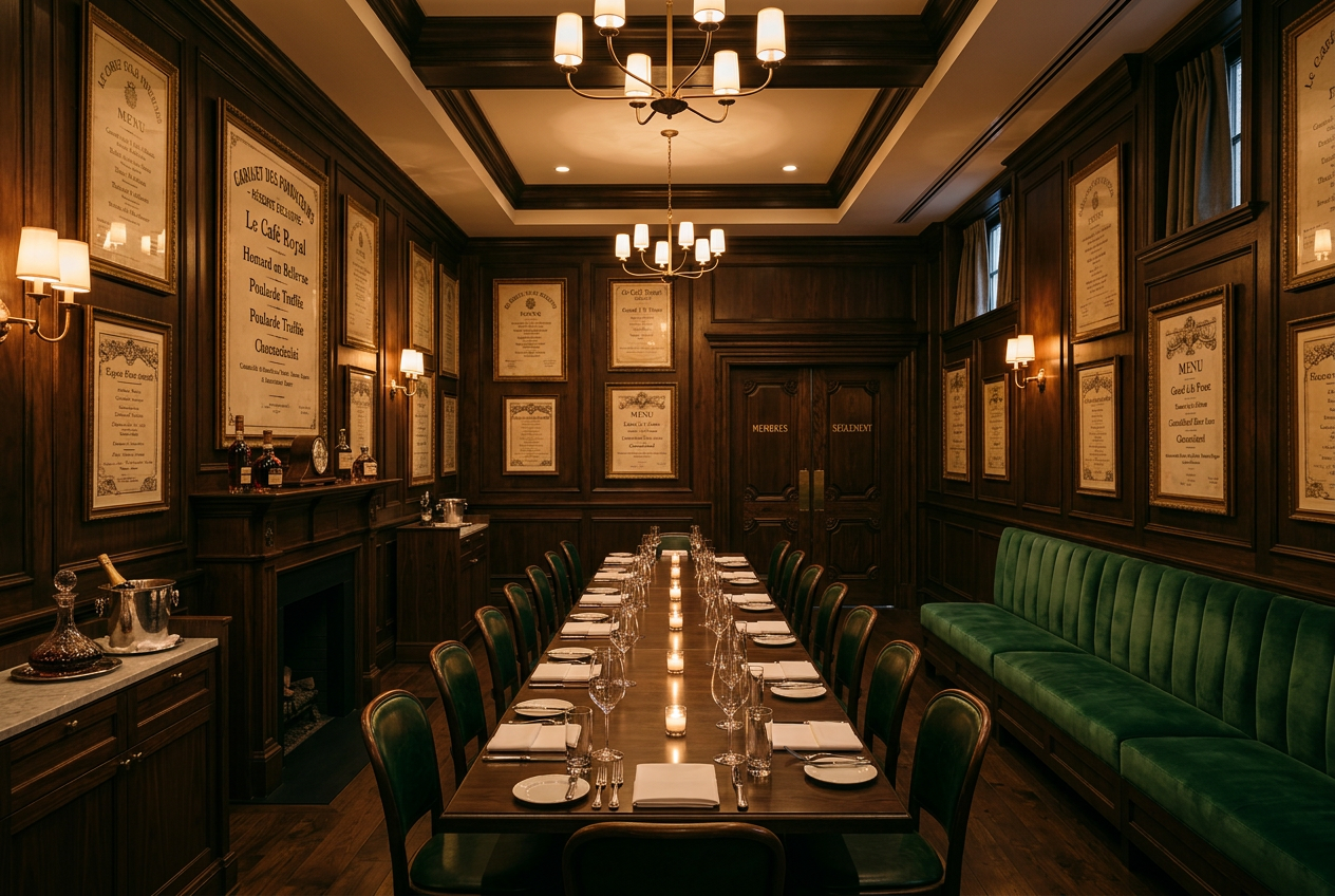 Private dining room — a long table set in cream linen beneath a brass chandelier, framed menus on dark wood walls