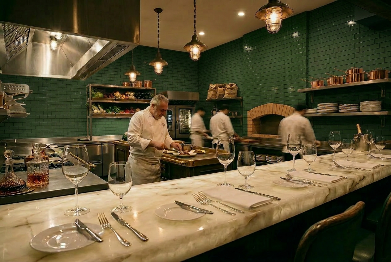 The chef's table — chefs plating behind a marble counter, green tilework and brass lighting