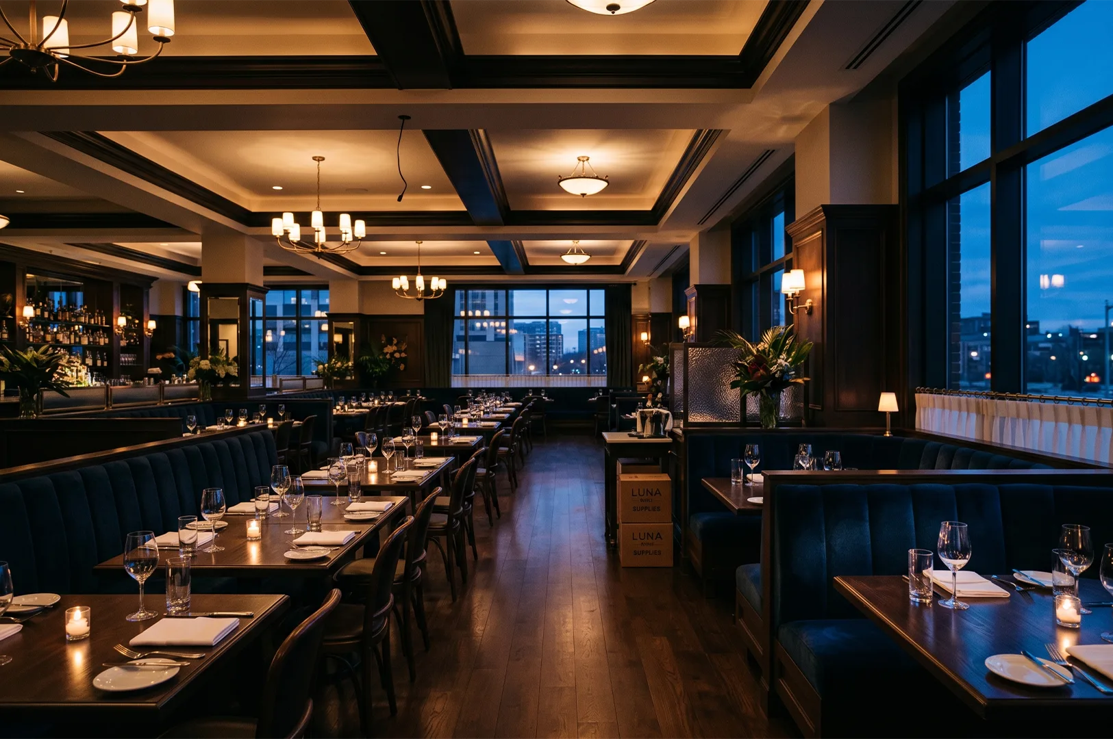Warm fine-dining room with velvet booths and city views at dusk