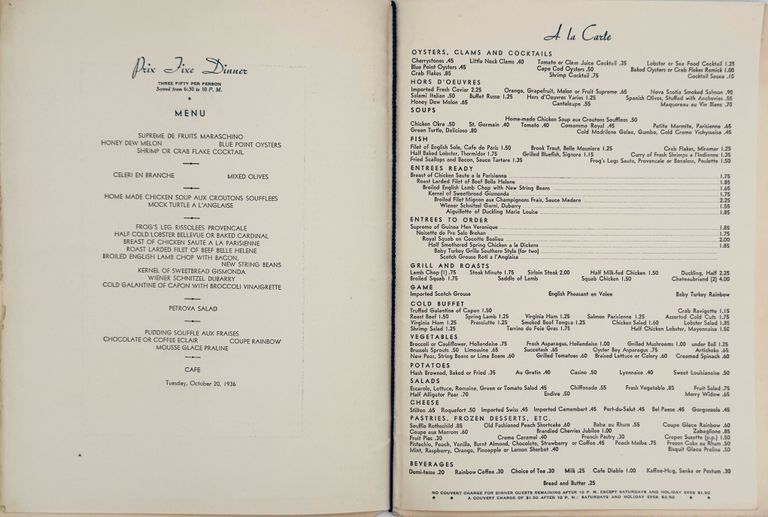 The Rainbow Room — Menu — Tuesday, October 20, 1936